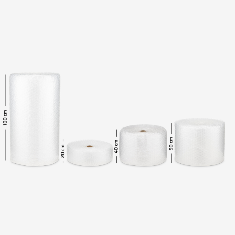 Fill & Wrap Luftpolsterfolie mit großen Noppen – Breitenvergleich auf grauem Hintergrund