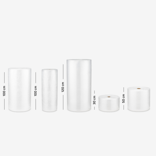 Luftpolsterfolie auf Rolle B1 Leicht 2-lagig zum Schutz von Sendungen – Vergleich der Rollenbreiten mit eingezeichneten Maßen.