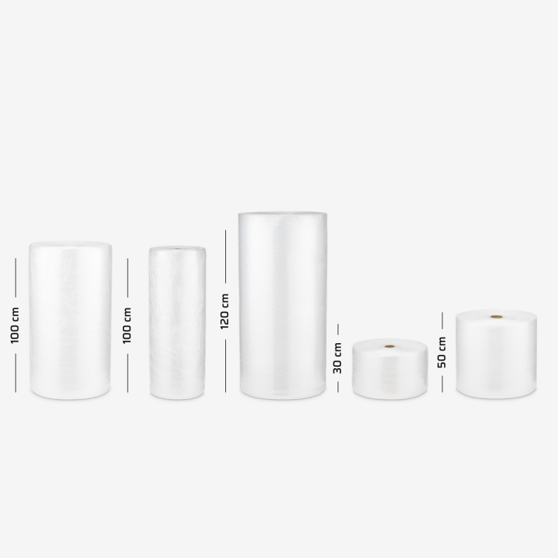 Luftpolsterfolie auf Rolle B1 Leicht 2-lagig zum Schutz von Sendungen – Vergleich der Rollenbreiten mit eingezeichneten Maßen.