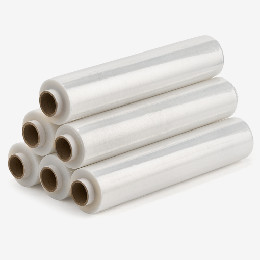 Transparente Stretchfolie – 6er-Pack auf grauem Hintergrund