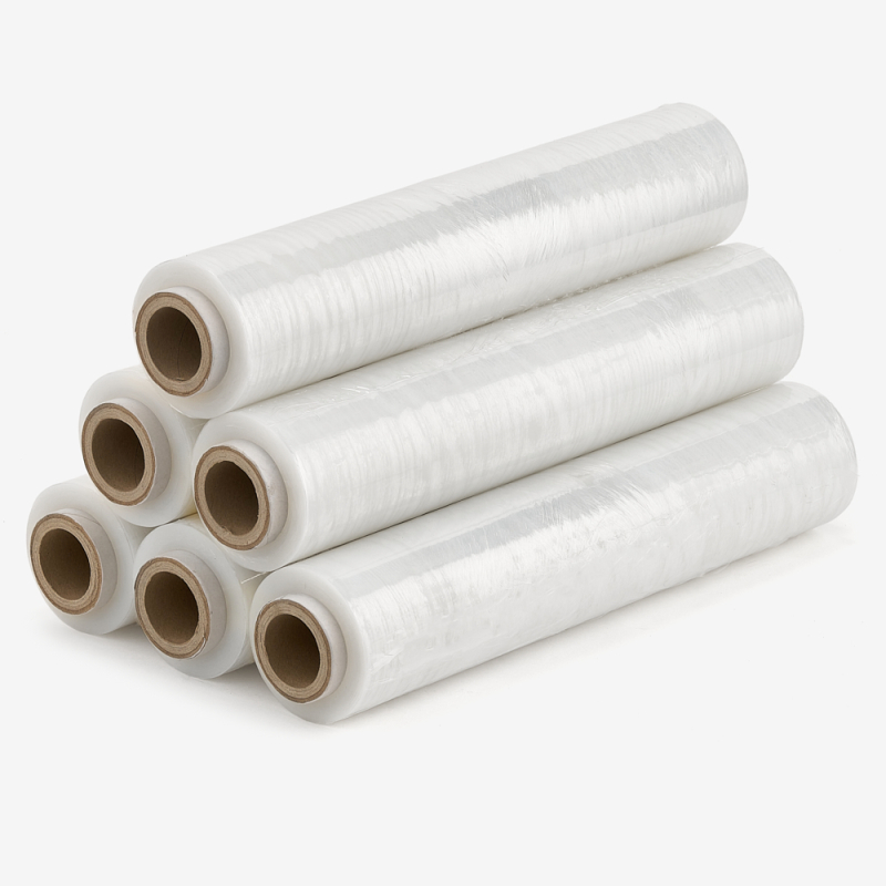 Transparente Stretchfolie – 6er-Pack auf grauem Hintergrund