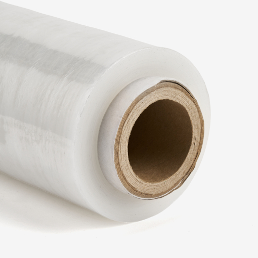 Transparente Stretchfolie – Nahaufnahme des Rollenschnitts mit dicker Kernhülse auf grauem Hintergrund