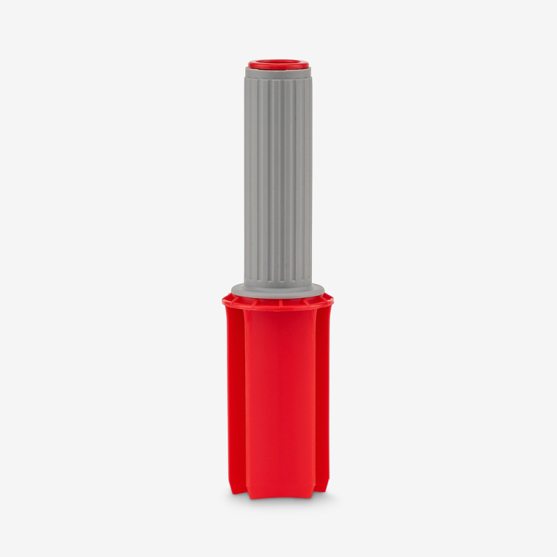 Roter Mini-Stretchfolienabroller mit grauem Griff auf grauem Hintergrund