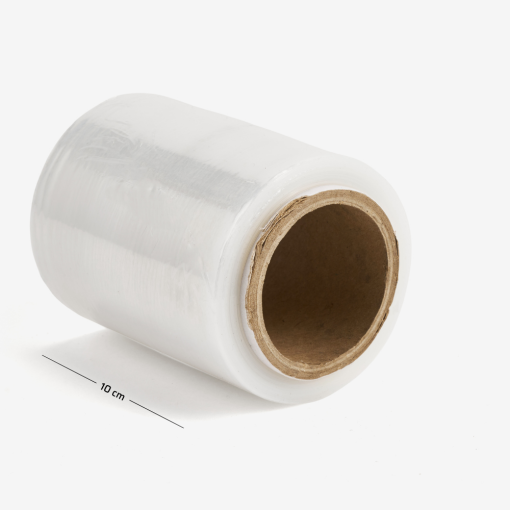 Rolle transparente Mini-Stretchfolie auf grauem Hintergrund