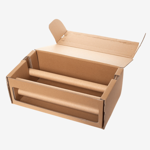 Geöffneter Kartonspender für perforiertes Verpackungspapier bis 250 Laufmeter.