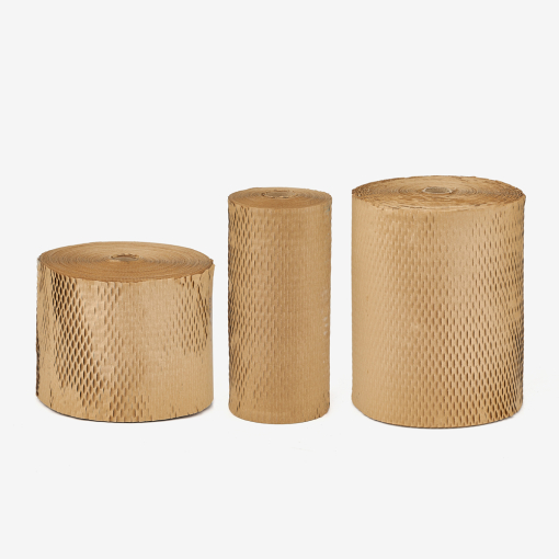 Drei Rollen Wabenpapier - Rollen mit unterschiedlicher Breite und Länge. Größenvergleich.