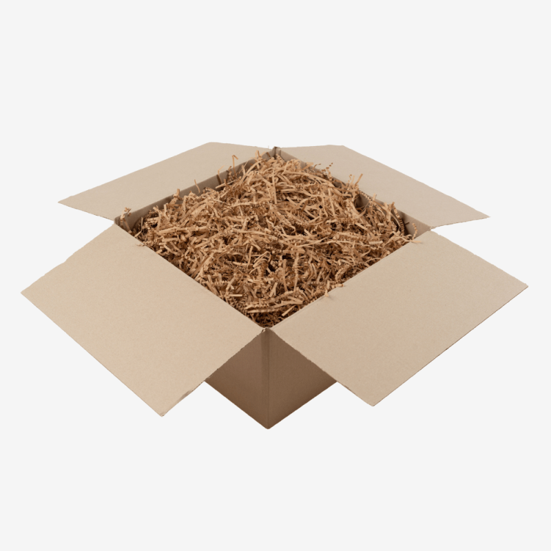 Geöffneter Karton mit eleganter Füllung aus Papierstreifen SizzlePak.