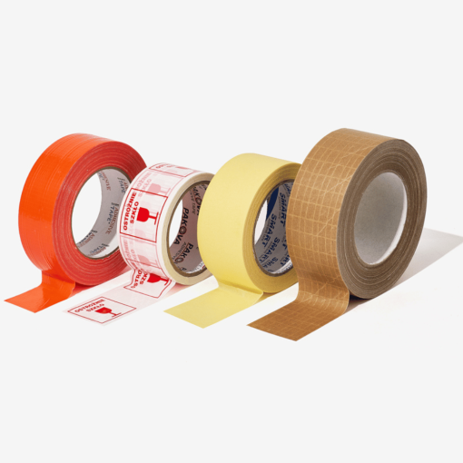 Übersicht selbstklebender Bänder - Putzband, „Vorsicht Glas“-Band, Papierband, verstärktes Band.