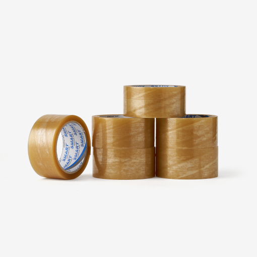 Set aus sechs transparenten Verpackungsklebebändern Hotmelt – ideal zum Verschließen von Kartons und Paketen.