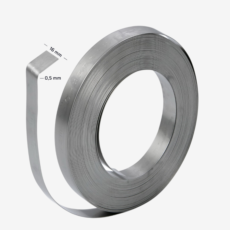 Stahlband auf Rolle mit einer Breite von 16 mm und einer Stärke von 0,5 mm, zum Umreifen und Sichern von Ladungen.