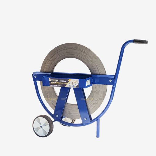 Abrollwagen für Stahl-Umreifungsband mit Abwickelfunktion vor grauem Hintergrund