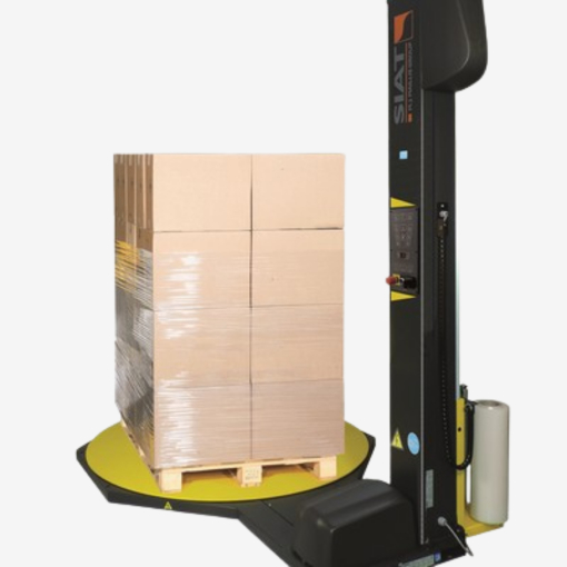 Halbautomatischer Palettenwickler Siat OneWrap - Anwendungsbeispiel auf grauem Hintergrund