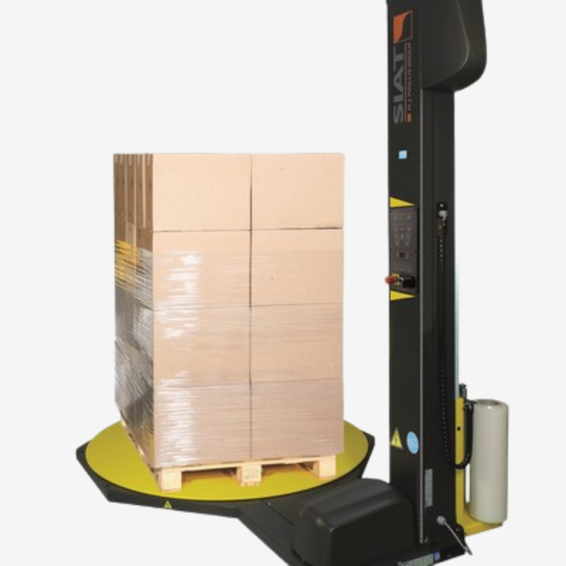 Halbautomatischer Palettenwickler Siat OneWrap - Anwendungsbeispiel auf grauem Hintergrund