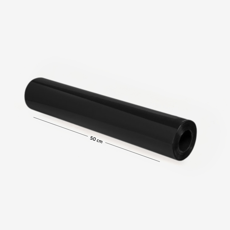 Schwarze kernlose Stretchfolie 3 kg – 23 µm – ca. 288 Laufmeter, Abmessungen der Rolle: Breite ca. 500 mm, dargestellte Rolle