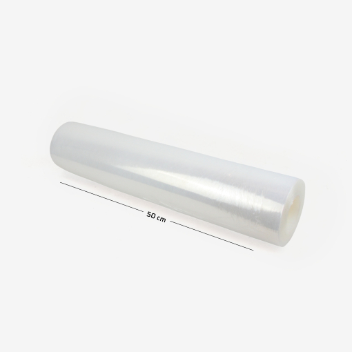 Transparente Stretchfolie 3 kg, 50 cm (23 µm) – ohne Kernhülse, mit Abmessungen auf grauem Hintergrund