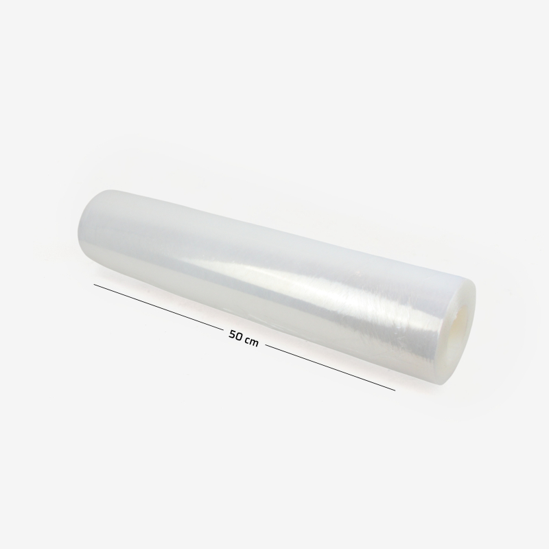 Transparente Stretchfolie 3 kg, 50 cm (23 µm) – ohne Kernhülse, mit Abmessungen auf grauem Hintergrund