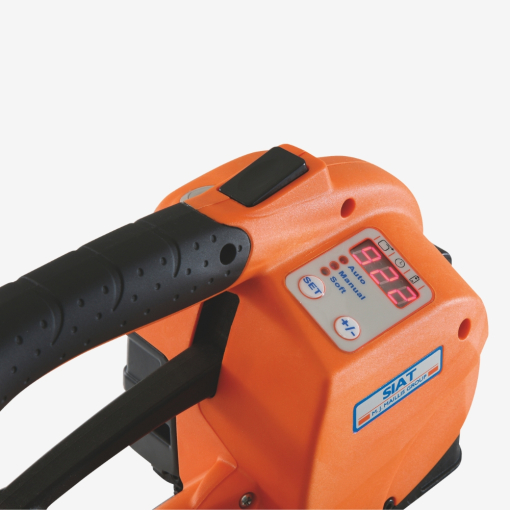 Akku-Umreifungsgerät für PP-/PET-Bänder GT-ONE+ auf grauem Hintergrund – Detailansicht