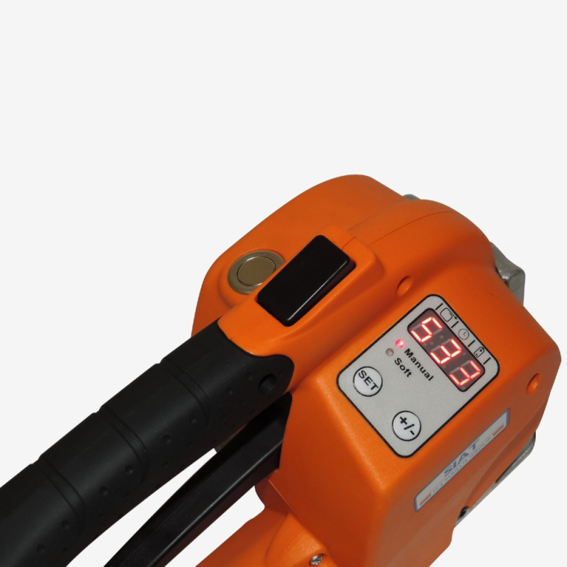 Akku-Umreifungsgerät für PP-/PET-Bänder GT-Smart+ – Rückansicht des Geräts auf grauem Hintergrund