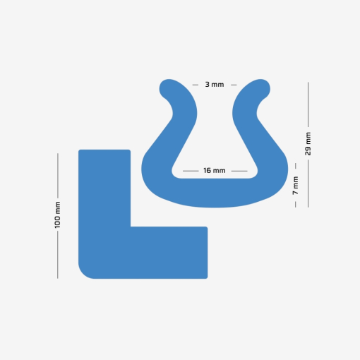 Maßskizze des U TULIP CORNER-Profils aus Polyethylenschaum