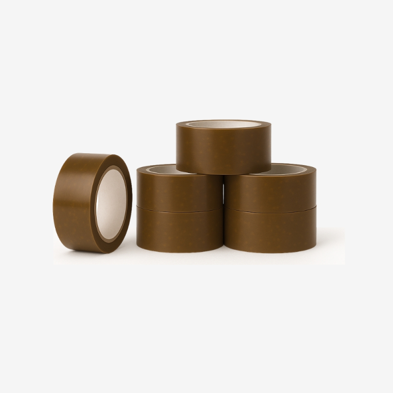 Set aus sechs braunen Packbändern aus Naturkautschuk von VIBAC – ideal zum Verschließen von Kartons und Paketen.