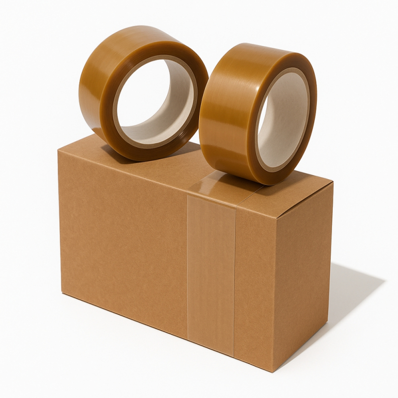 Zwei transparente Selbstklebebänder aus Naturkautschuk von VIBAC – präsentiert auf einem verschlossenen Karton, versandbereit.