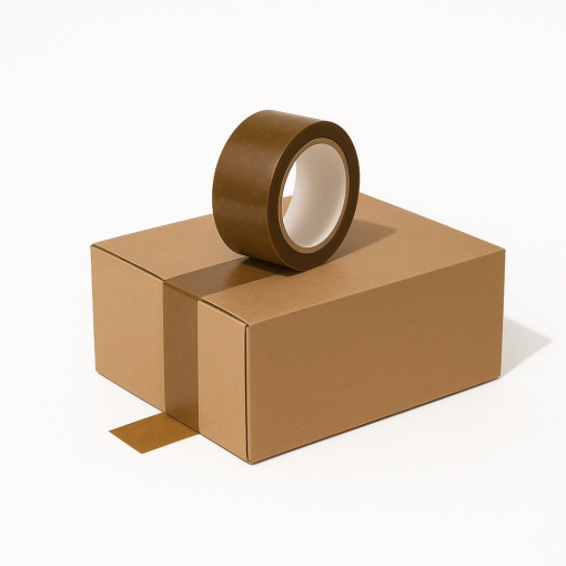 Braunes Selbstklebeband aus Naturkautschuk von VIBAC – präsentiert auf einem verschlossenen Karton, versandbereit.