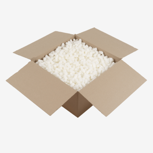 Karton gefüllt mit weißem, biologisch abbaubarem Skropak -umweltfreundliches Füllmaterial für Pakete.