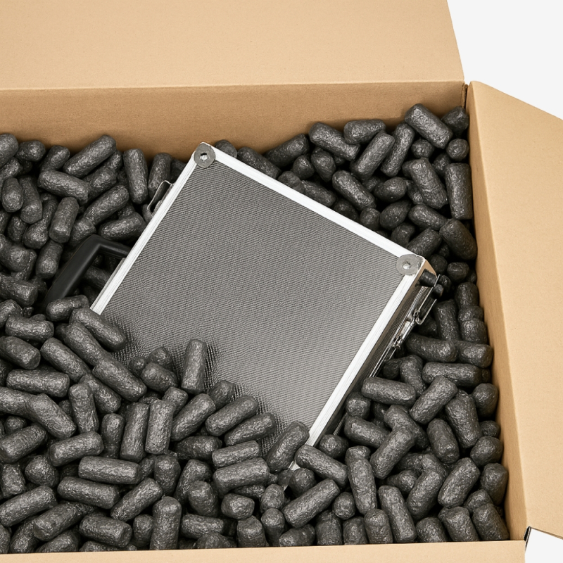 Karton gefüllt mit schwarzem Skropak zum Schutz des verpackten Geräts.