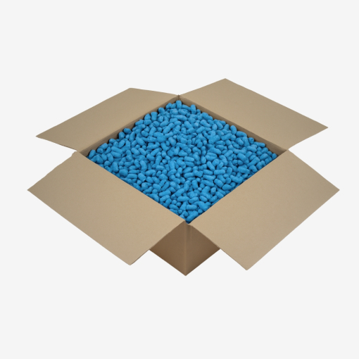 200-Liter-Sack gefüllt mit jeansblauem, umweltfreundlichem Skropak in Zylinderform.