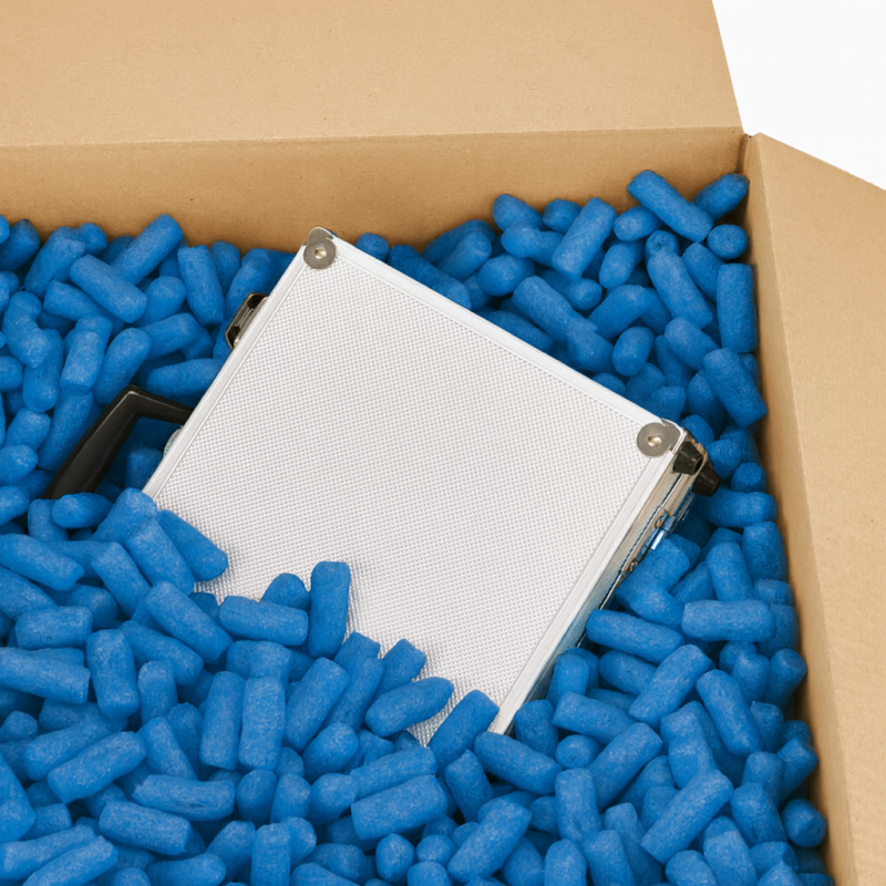 Karton gefüllt mit jeansblauem Skropak zum Schutz des verpackten Geräts.
