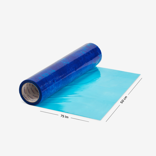 Rolle selbstklebender blauer Schutzfolie mit Maßangaben - schützt Oberflächen vor Beschädigungen.