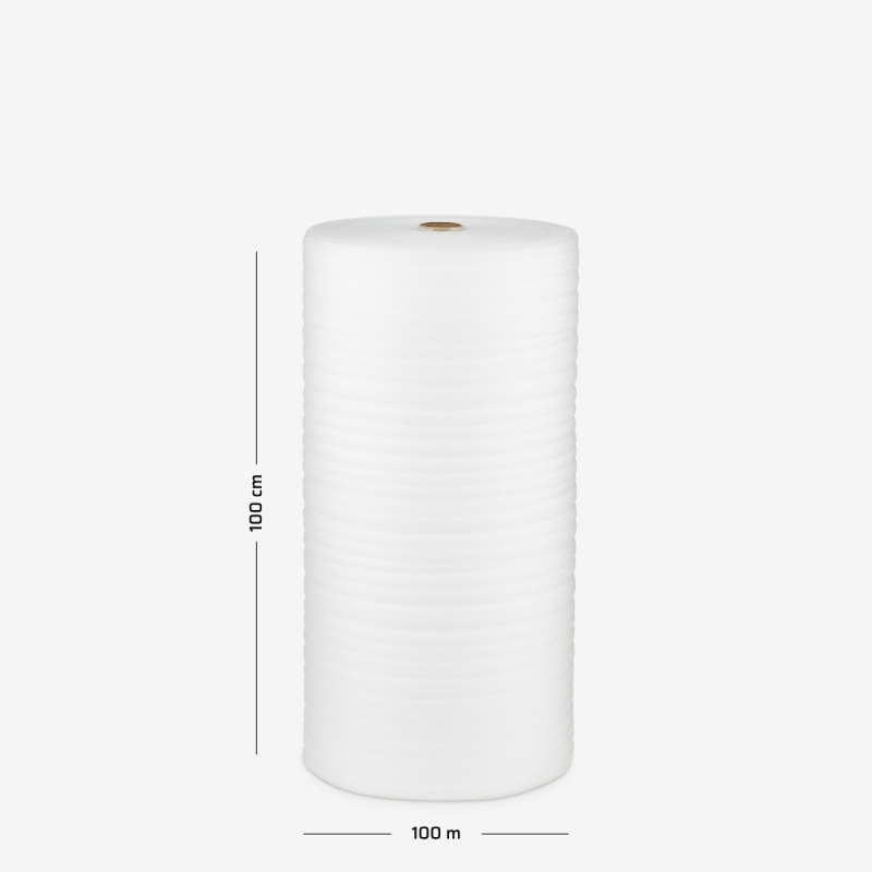 Polyethylenschaum mit einer Stärke von 2 mm, aufgewickelt zu einer Rolle mit 100 cm Breite und 100 lfm Lauflänge.