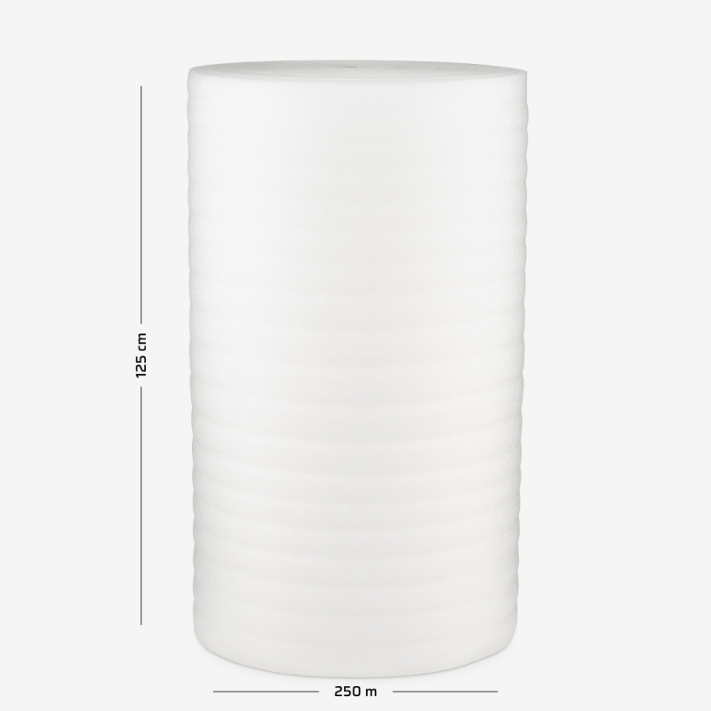 Polyethylenschaum mit einer Stärke von 2 mm, aufgewickelt zu einer Rolle mit 125 cm Breite und 250 lfm Lauflänge.