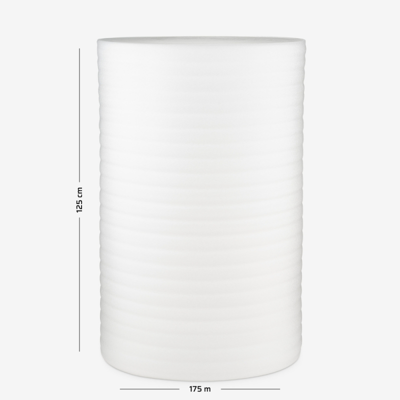 Polyethylenschaum mit einer Stärke von 3 mm, aufgewickelt zu einer Rolle mit 125 cm Breite und 175 lfm Lauflänge.