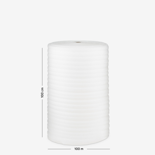 Polyethylenschaum mit einer Stärke von 3 mm, aufgewickelt zu einer Rolle mit 100cm Breite und 100 lfm Lauflänge.