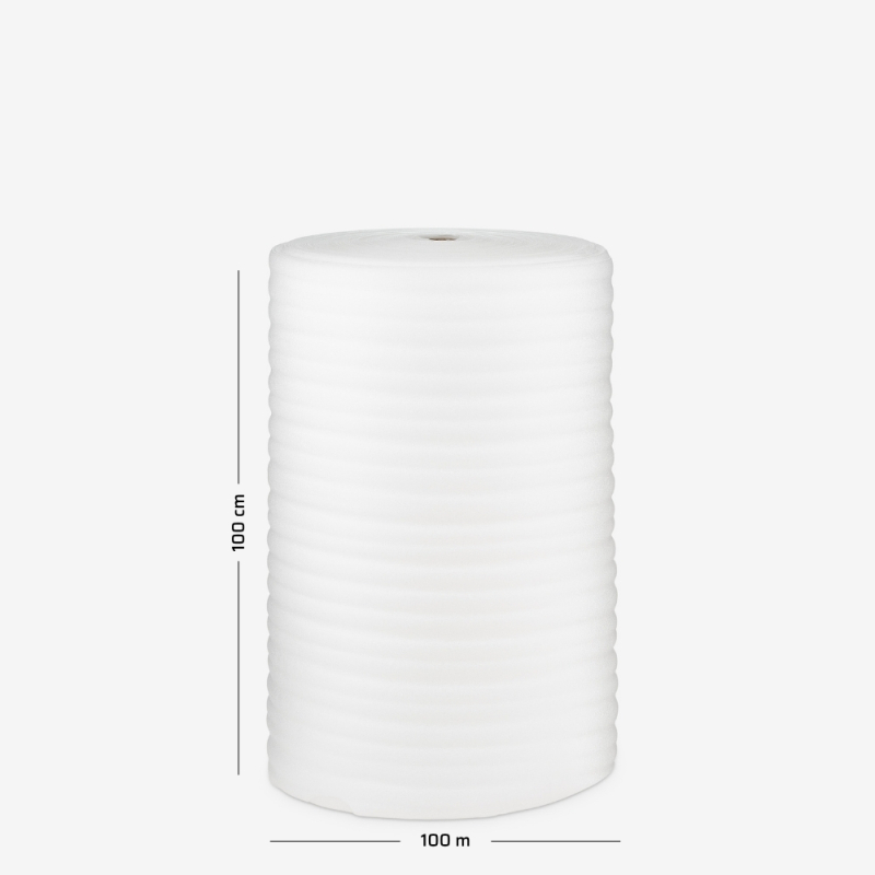 Polyethylenschaum mit einer Stärke von 3 mm, aufgewickelt zu einer Rolle mit 100cm Breite und 100 lfm Lauflänge.