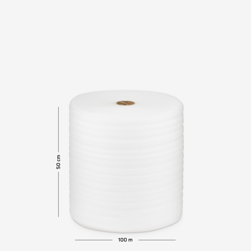 Polyethylenschaum mit einer Stärke von 3 mm, aufgewickelt zu einer Rolle mit 50 cm Breite und 100 lfm Lauflänge.