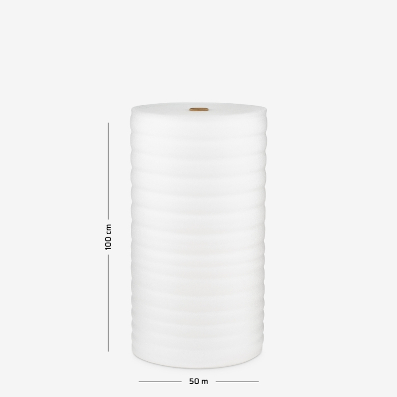 Polyethylenschaum mit einer Stärke von 5 mm, aufgewickelt zu einer Rolle mit 100 cm Breite und 50 lfm Lauflänge.