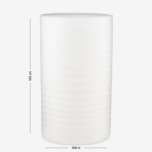 Polyethylenschaum mit einer Stärke von 5 mm, aufgewickelt zu einer Rolle mit 125 cm Breite und 100 lfm Lauflänge.