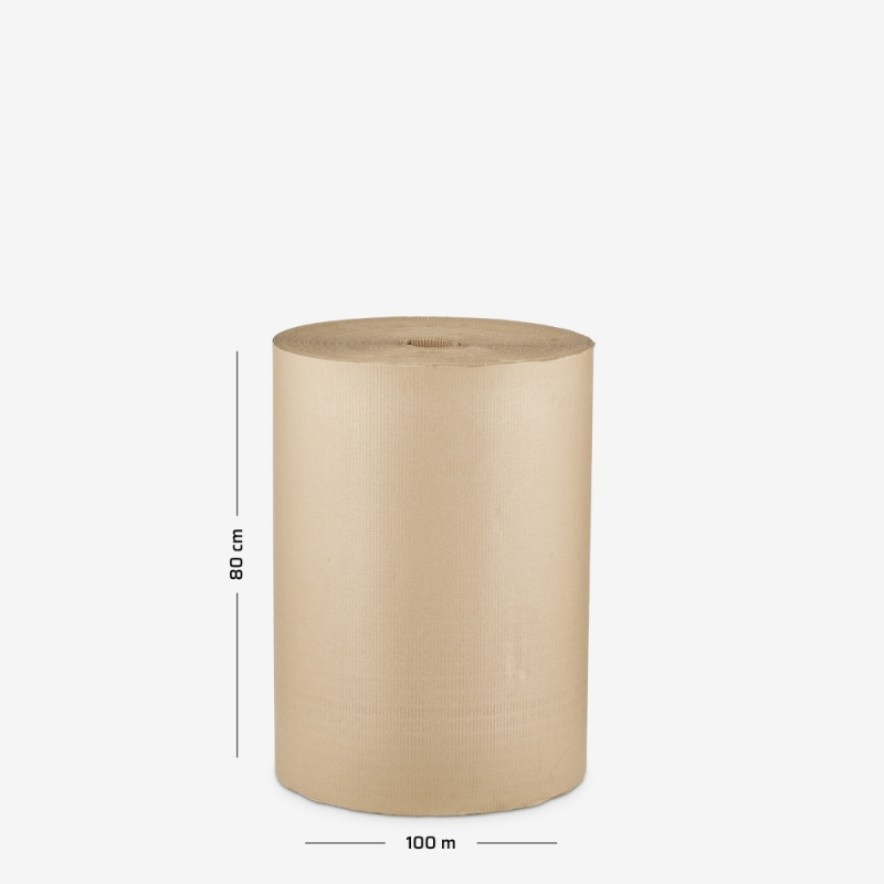 2-lagige Wellpappe auf Rolle, 80 cm Breite, 100 lfm, mit angegebenen Abmessungen auf grauem Hintergrund