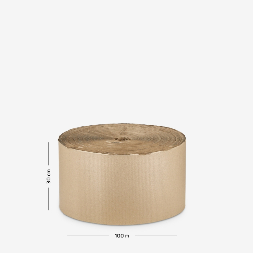 Wellpappe auf Rolle, 2-lagig, 30 cm Breite, 100 lfm – mit eingezeichneten Abmessungen; auf grauem Hintergrund