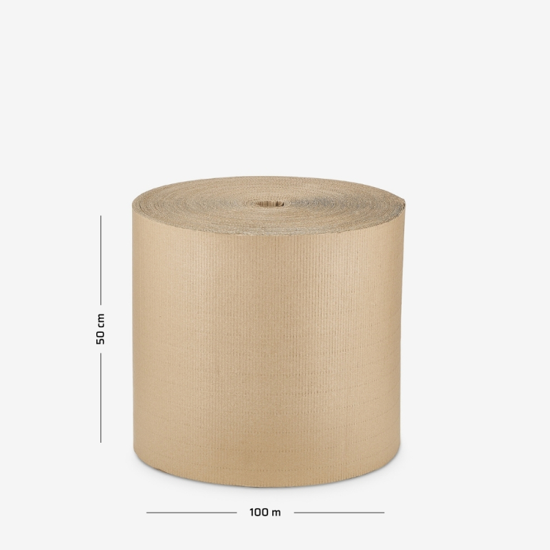 2-lagige Wellpappe auf Rolle, 50 cm Breite, 100 lfm, mit angegebenen Abmessungen auf grauem Hintergrund
