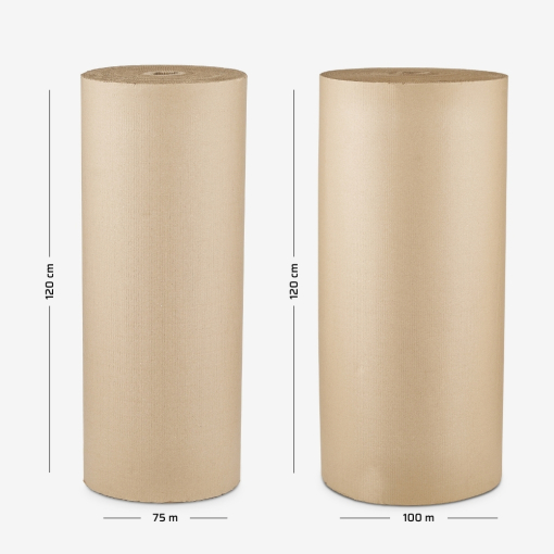 2-lagige Wellpappe auf Rolle, 120 cm Breite – Abmessungen, präsentiert auf grauem Hintergrund