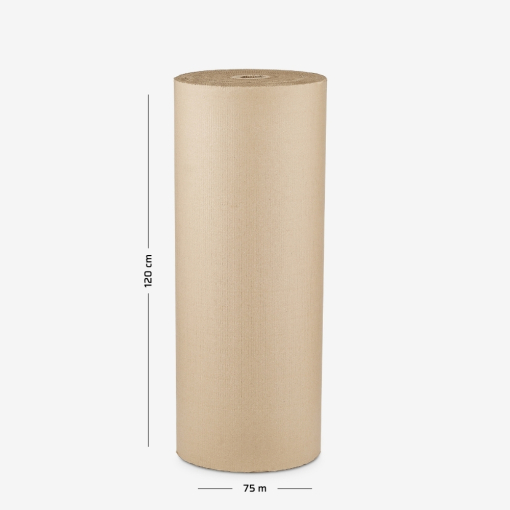 Wellpappe auf Rolle, 120 cm Breite, 75 lfm – Abmessungen auf dem Bild rund um das Produkt dargestellt; grauer Hintergrund