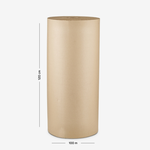 Wellpappe auf Rolle, 120 cm Breite, 100 lfm – mit rund um die Rolle dargestellten Abmessungen auf grauem Hintergrund