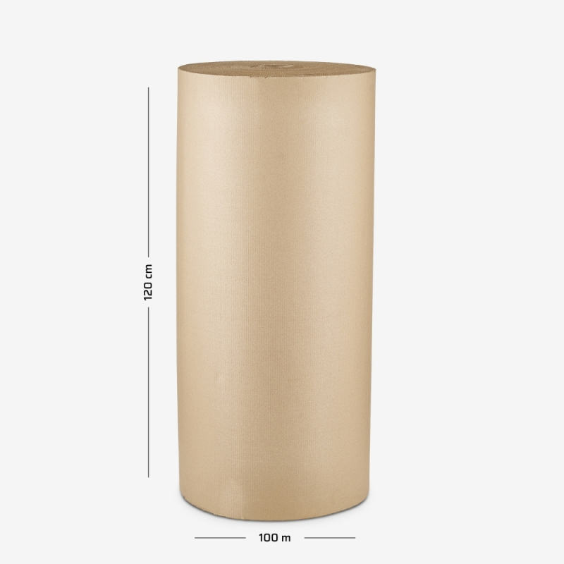 Wellpappe auf Rolle, 120 cm Breite, 100 lfm – mit rund um die Rolle dargestellten Abmessungen auf grauem Hintergrund