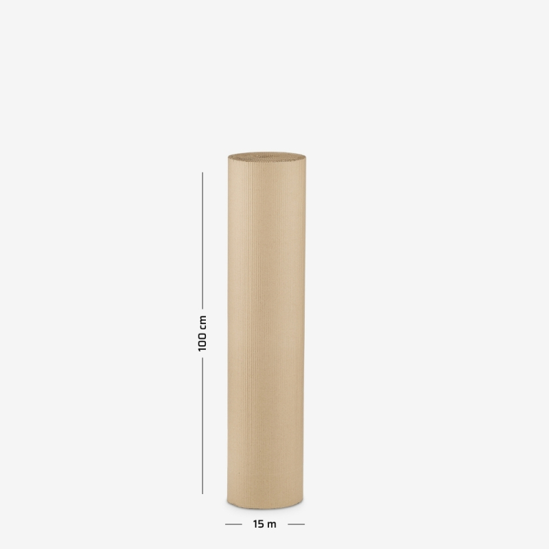 Wellpappe auf Rolle, 100 cm Breite, 15 lfm, dargestellt auf grauem Hintergrund