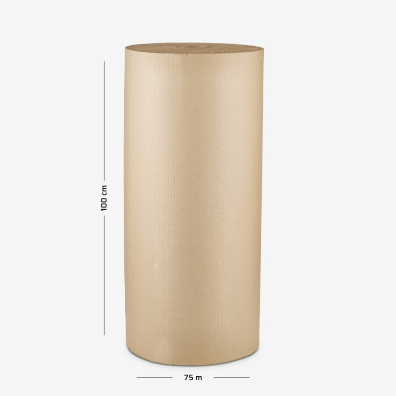 Wellpappe auf Rolle, 100 cm Breite, 75 lfm, dargestellt auf grauem Hintergrund