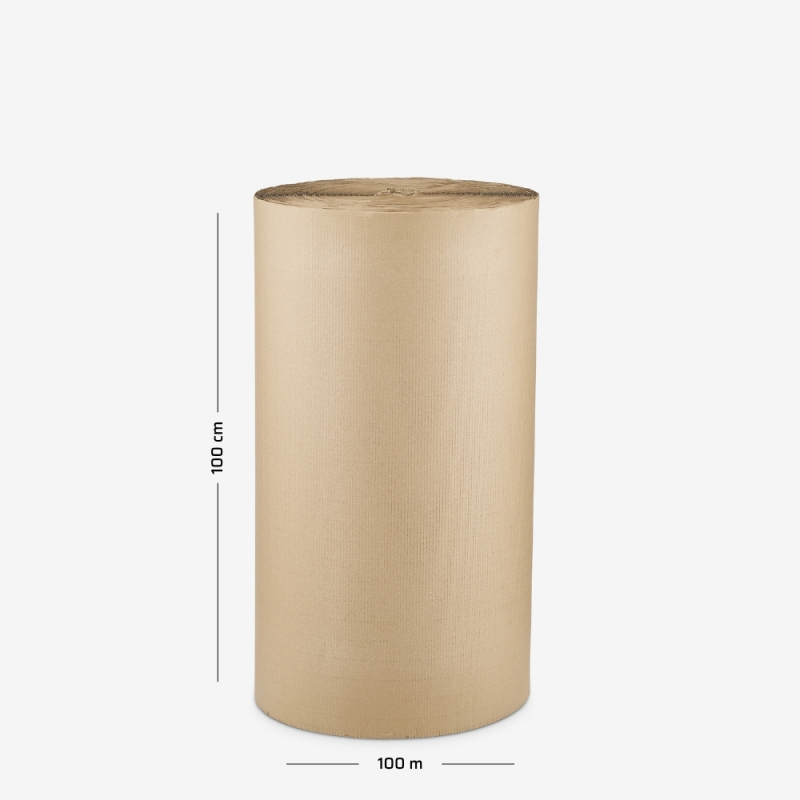 Wellpappe auf Rolle, 100 cm Breite, 100 lfm, dargestellt auf grauem Hintergrund