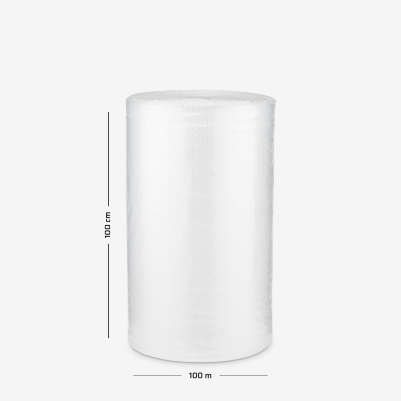 Luftpolsterfolie B2, zweilagig, 100 cm breit – Rolle auf grauem Hintergrund mit Maßangaben